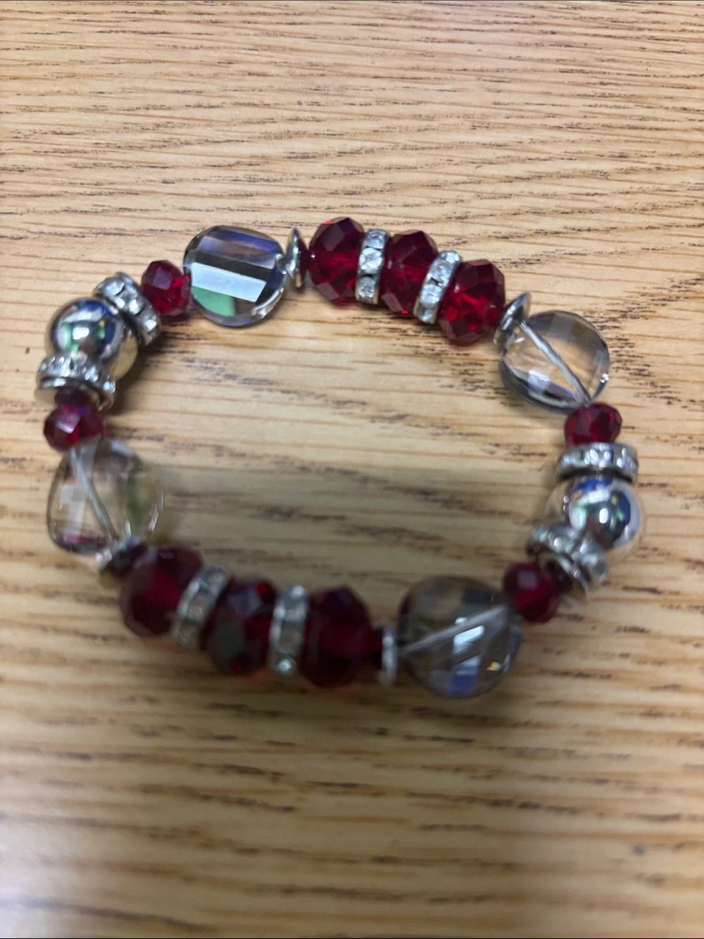 Unbranded Red & Iridescent Stretch Beaded Bracelet with Rhinestone Accents
